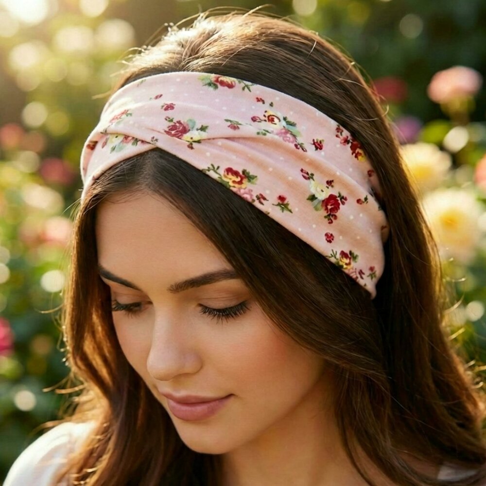 Light Pink Floral Wide Stretchy Headband Soft Turban Twist Head Wrap Yoga Gifts